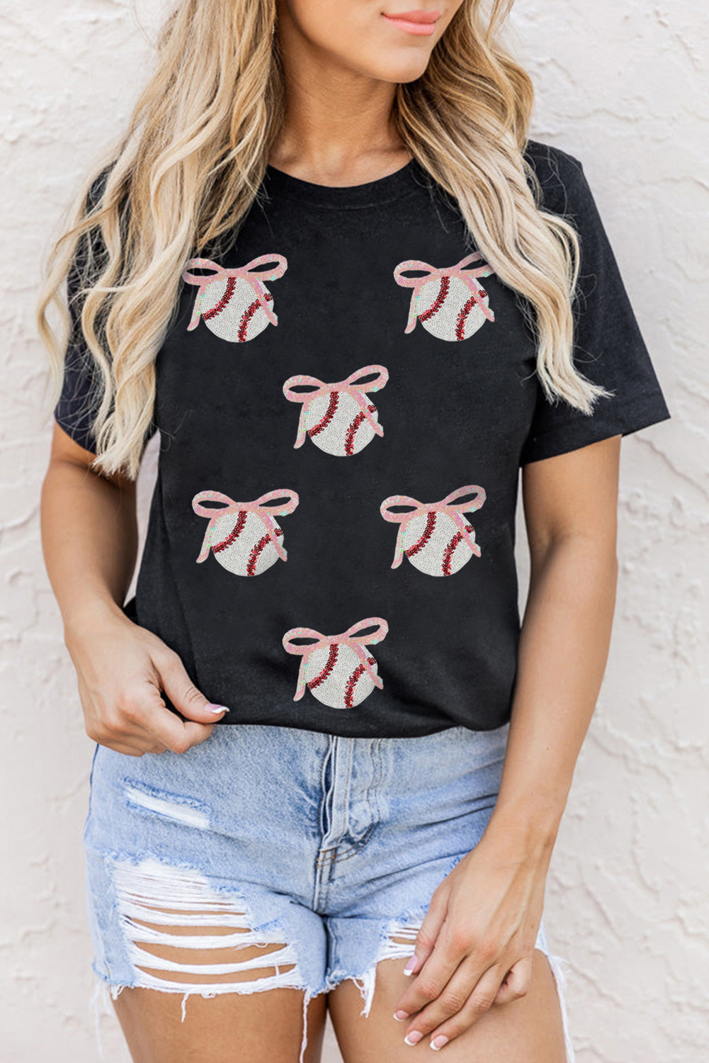 Black Shimmering Sequin Bow Ball Patterned Game Day Casual Tee - loveforevers