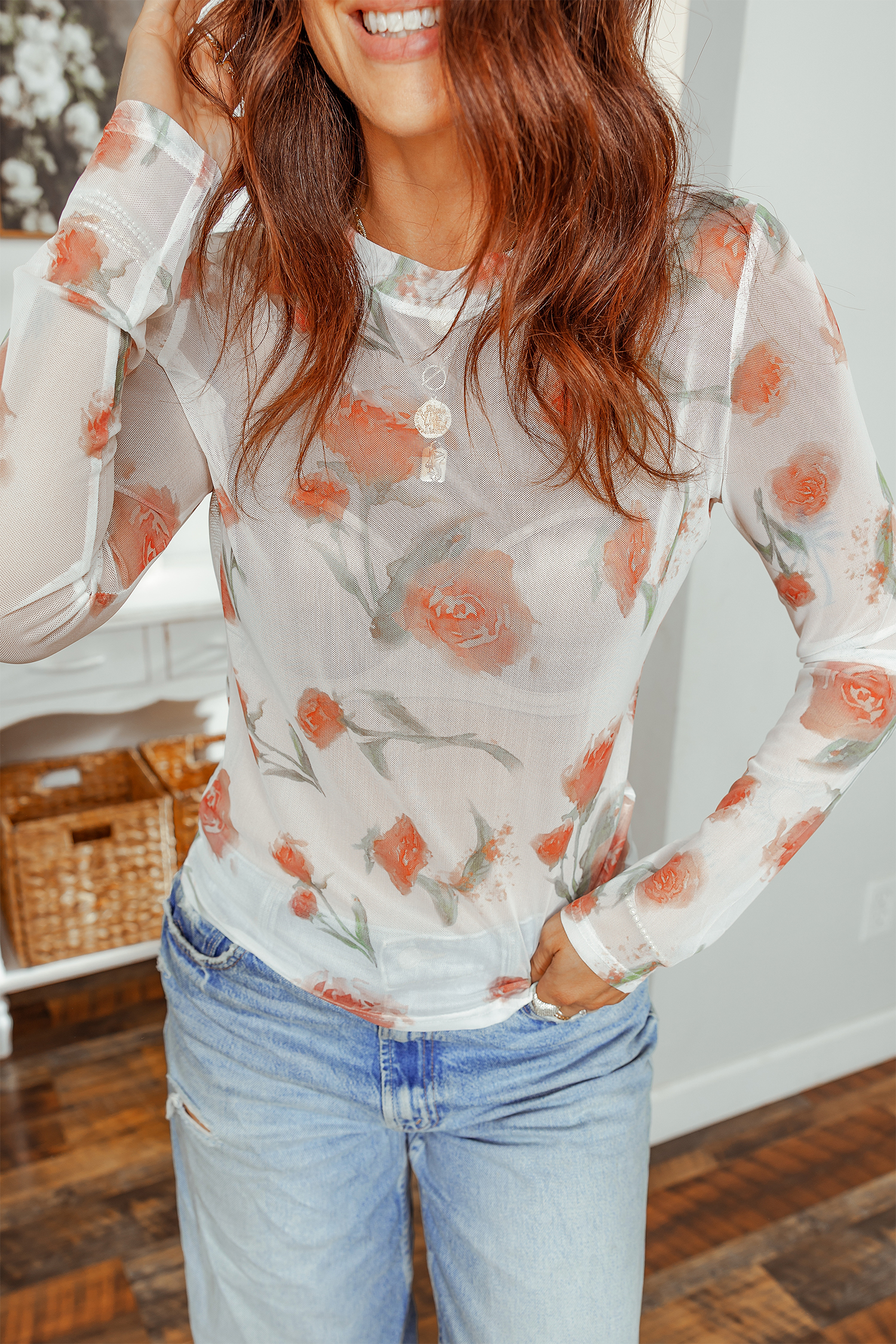 Casual Round Neck Floral Print Mesh Long Sleeve Top - loveforevers