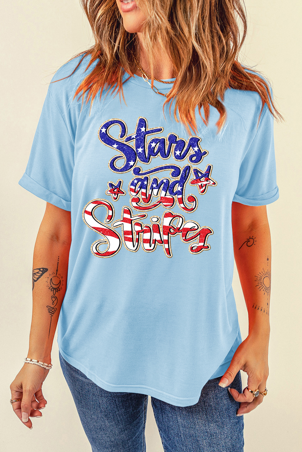 Light Blue Stars and Stripes Graphic July 4th Patriotic Tee - loveforevers