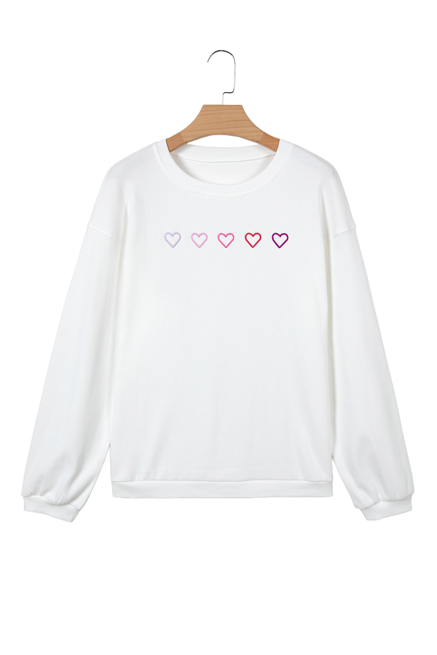 White 3d Ribbed XOXO Heart Embroidered Drop Shoulder Sweatshirt - loveforevers