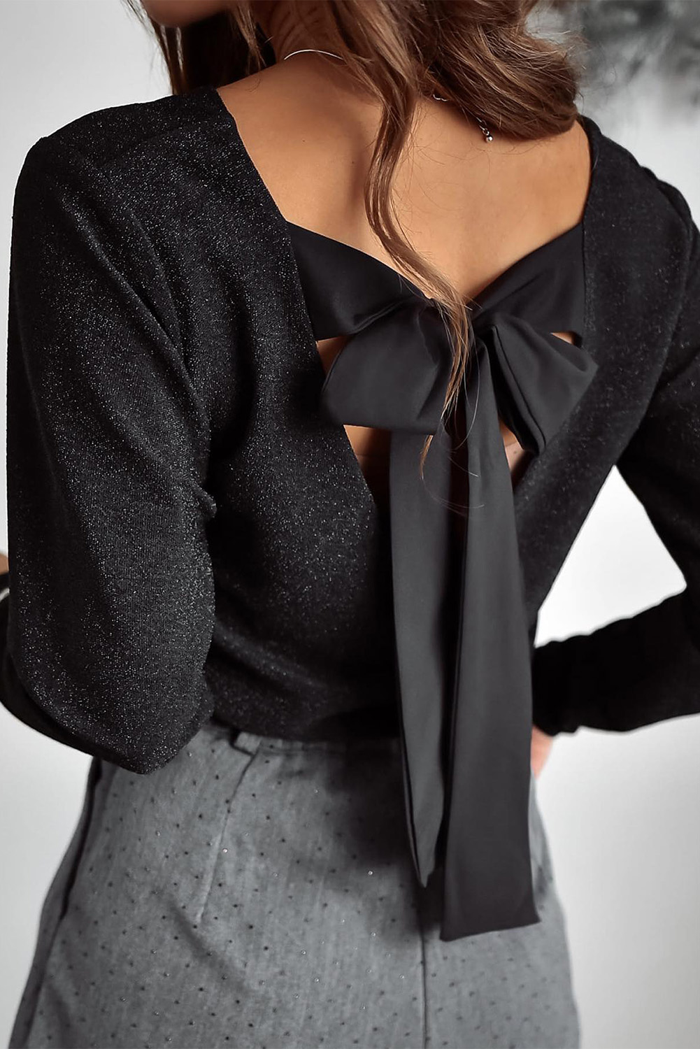 Red Metallic Bowknot Open Back V Neck Top - loveforevers