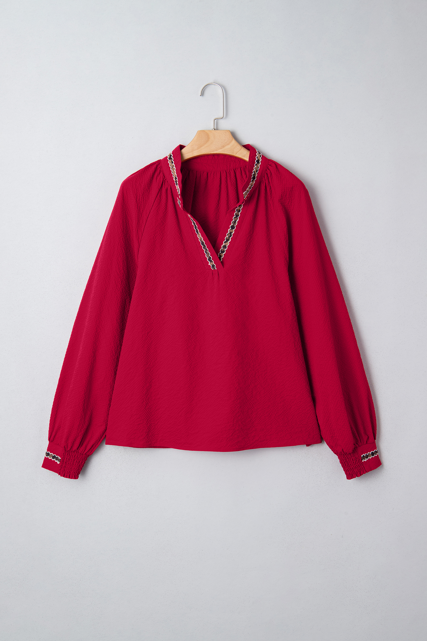 Racing Red Leopard Jacquard Print V Neck Textured Blouse - loveforevers