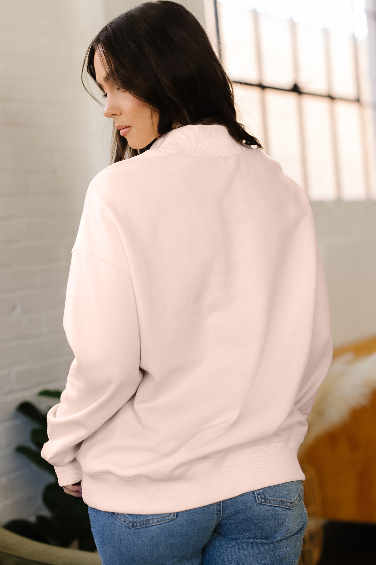 Apricot Pink Mock Neck Love Letter Embroidered Valentines Day Sweatshirt - loveforevers