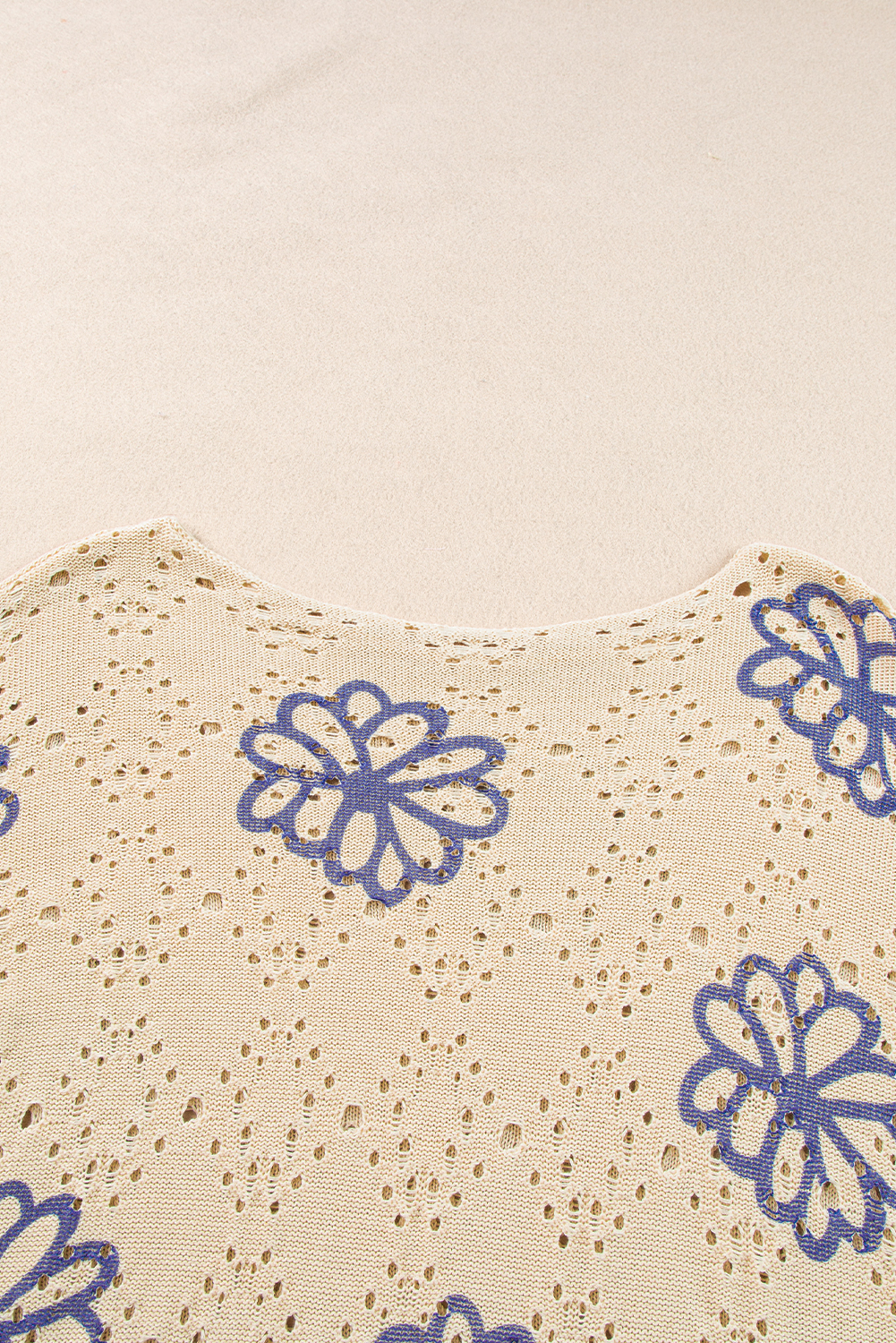 Beige Contrast Flower Print Eyelet Drop Shoulder Sweater - loveforevers