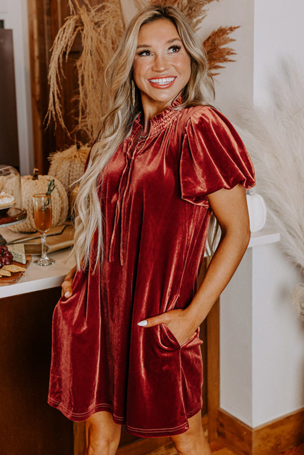 Cinnamon Velvet Smocked Neckline Puff Sleeve Shift Mini Dress - loveforevers