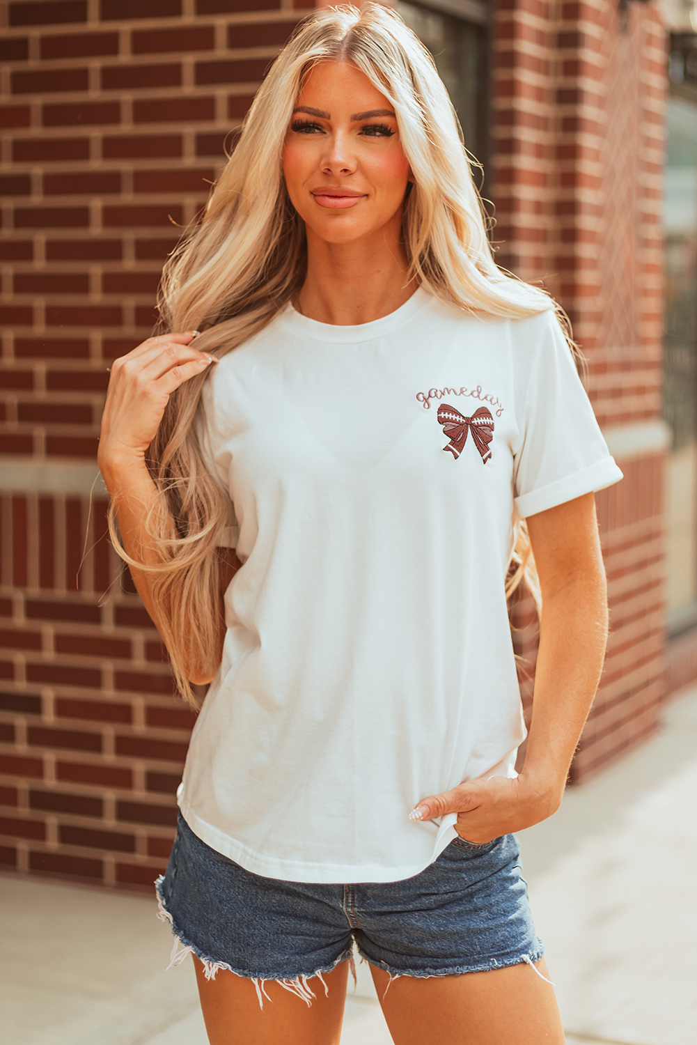 White Game Day Bowknot Embroidered Graphic Casual Tee - loveforevers