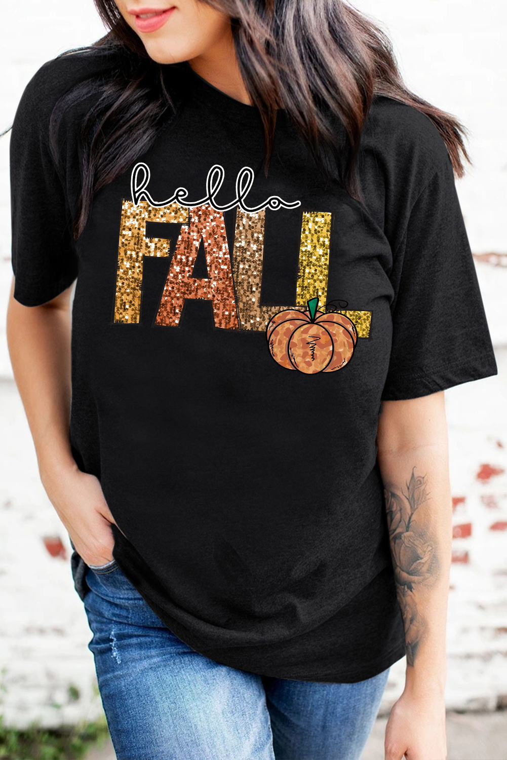Black Hello Fall Letter Pumpkin Printed Thanksgiving T Shirt - loveforevers