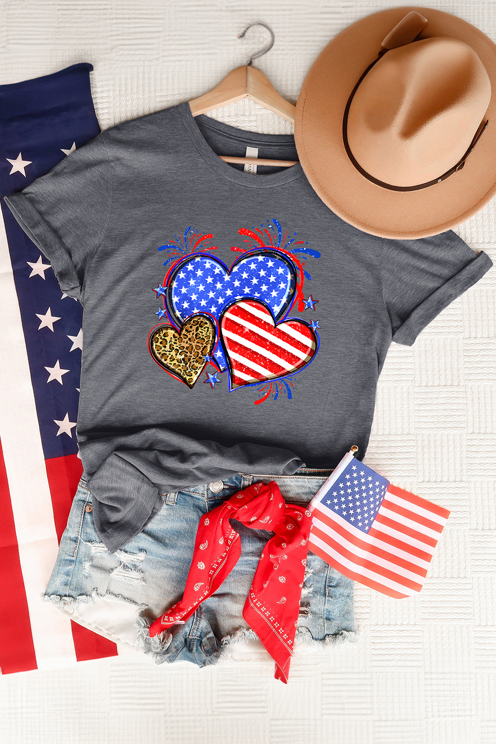 Gray American Heart July 4th Celebration Graphic T Shirt - loveforevers