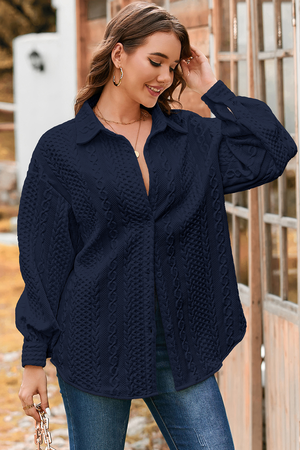 Sepia Rose Cable Texture Puff Sleeve Loose Shacket - loveforevers