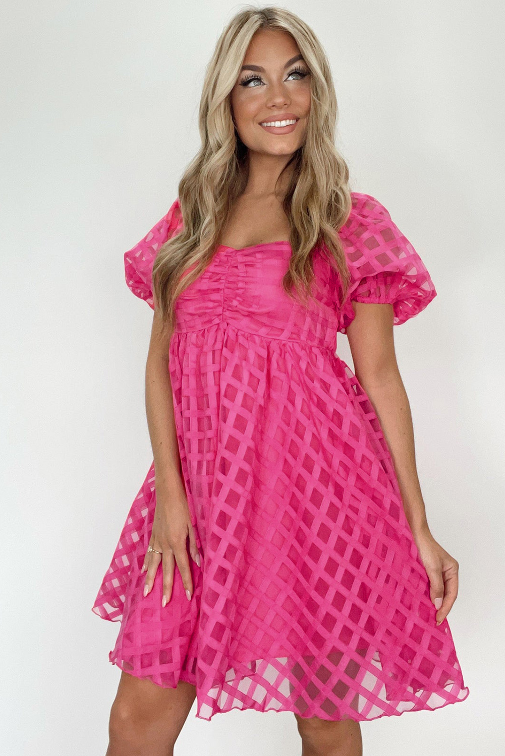 Strawberry Pink Checkered Puff Sleeve Babydoll Dress - loveforevers