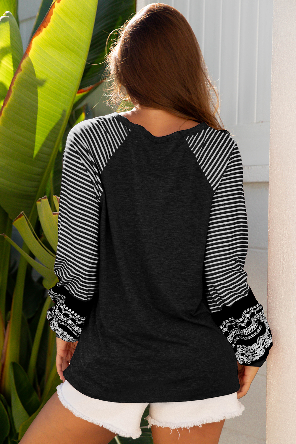 Tillandsia Purple Contrast Print Striped Raglan Long Sleeve Loose Top - loveforevers