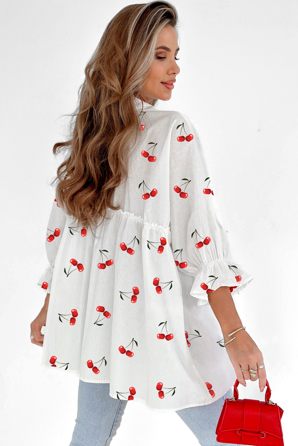 White Cherry Print Flounce Sleeve Collared Frilled Babydoll Blouse - loveforevers