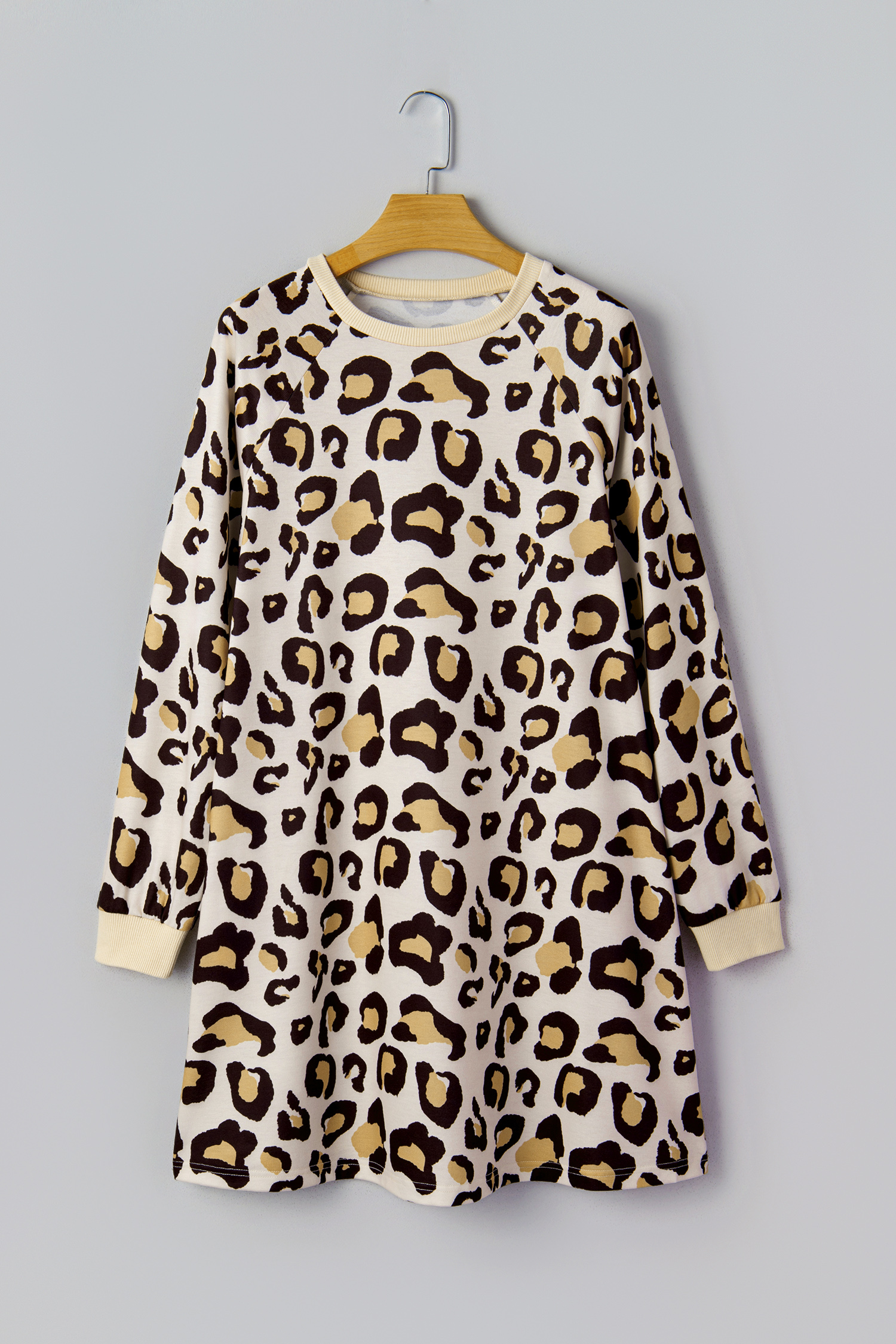 Khaki Leopard Long Sleeve Shift T Shirt Dress with Pockets - loveforevers