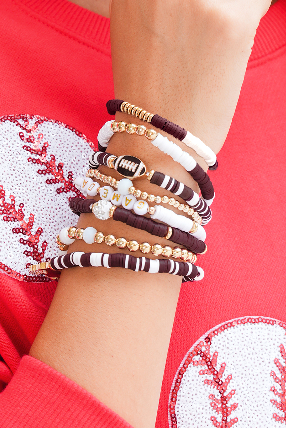 Chestnut Game Day 8pcs Stackable Football Beaded Charm Bracelet Set - loveforevers