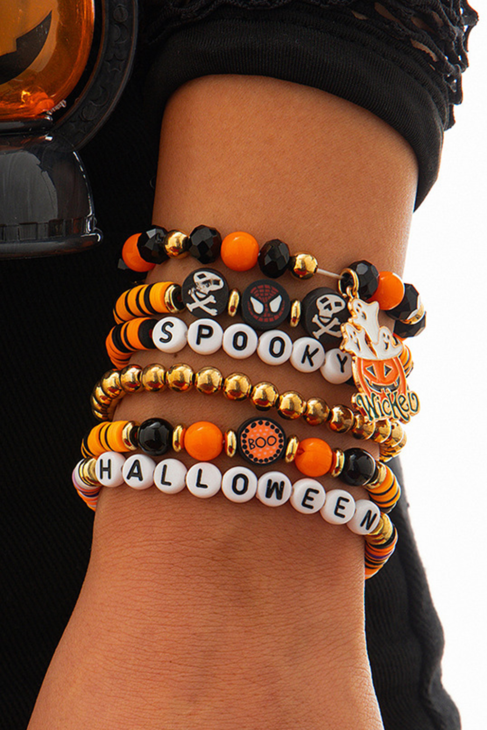 Carrot 6pcs Layered Halloween Pumpkin Ghost Spider Man Charm Stretch Bracelet Set - loveforevers