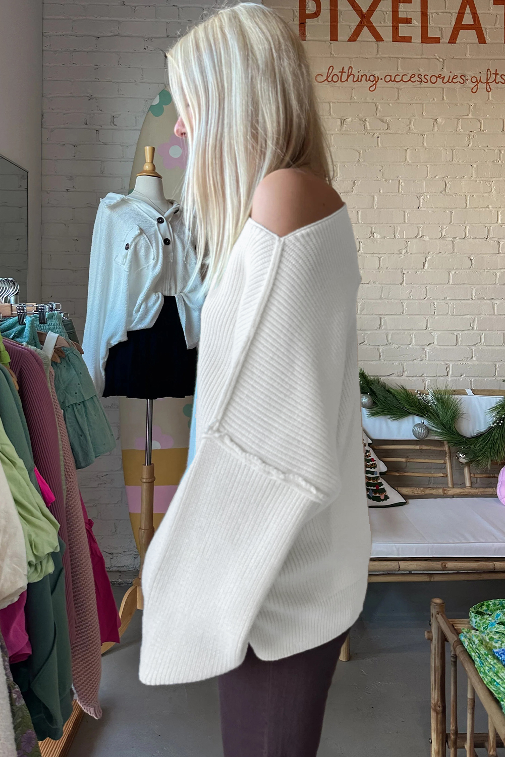 White Asymmetric Neck Drop Shoulder Baggy Slouchy Sweater - loveforevers