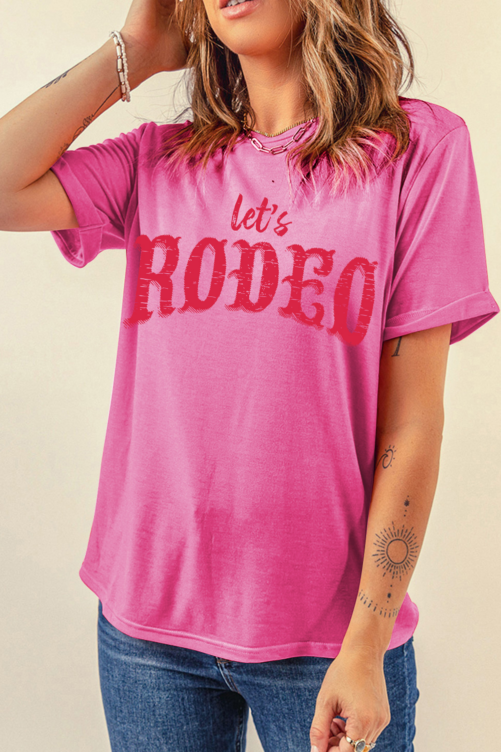 Rose Red Lets Rodeo Crew Neck Graphic Tee - loveforevers