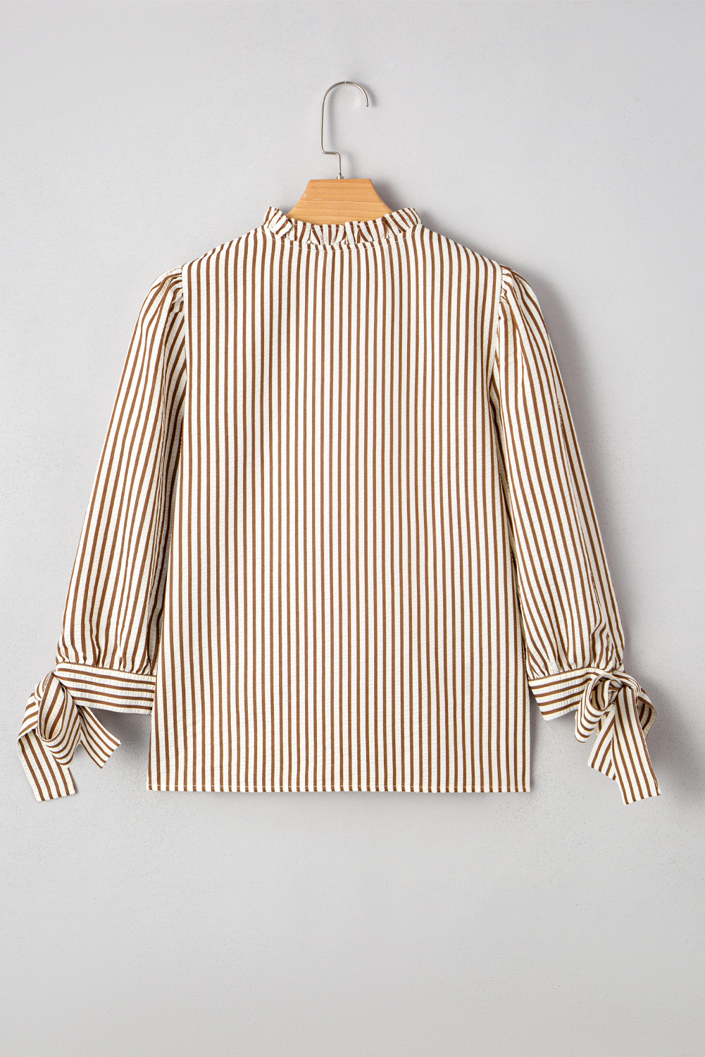 Straw Yellow Striped Print Tied Cuffs Split Neck Seersucker Blouse - loveforevers