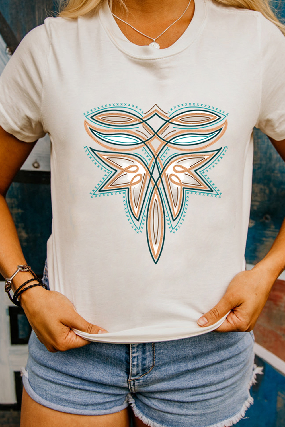 White Western Stitch Pattern Printed Cotton Blend Tee - loveforevers