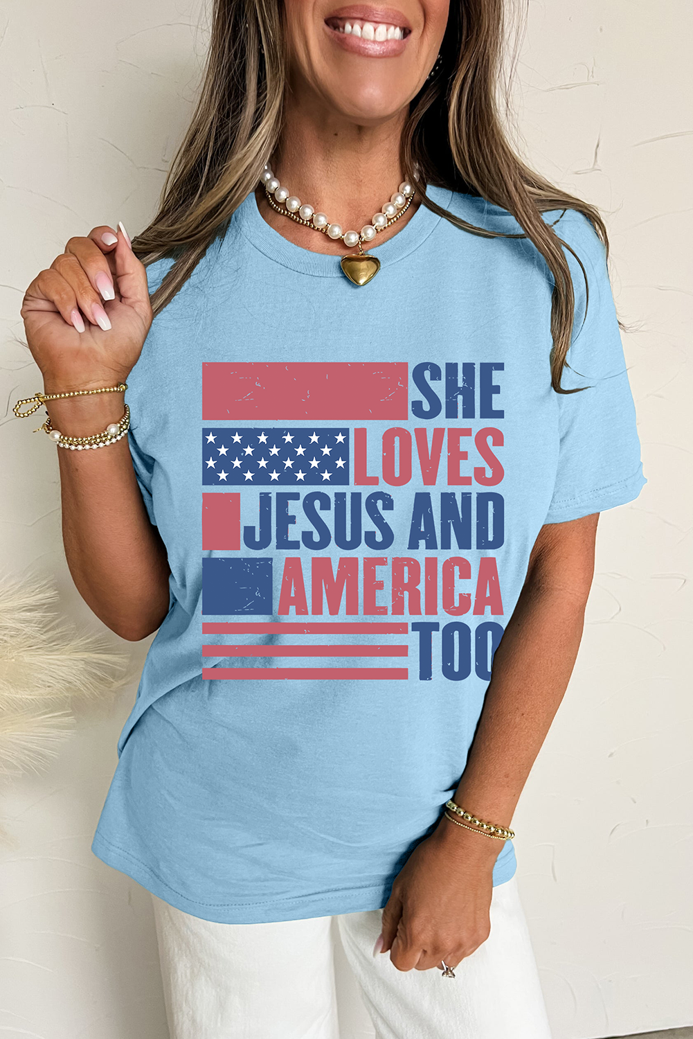 Light Blue SHE LOVES JESUS AND AMERICA TOO Flag Graphic T Shirt - loveforevers