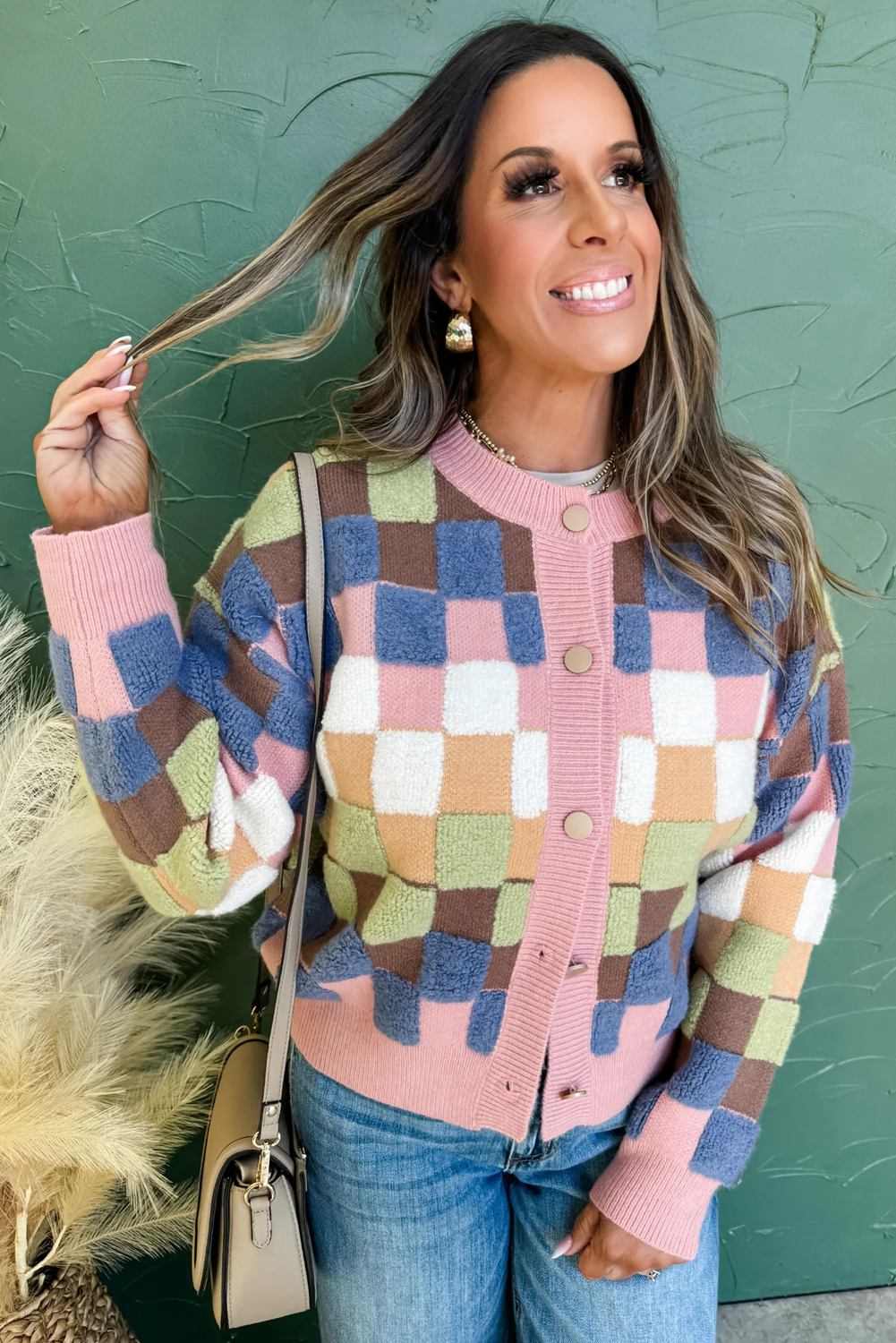 Multicolour Plush Checkered Pattern Button Front Cardigan Sweater - loveforevers