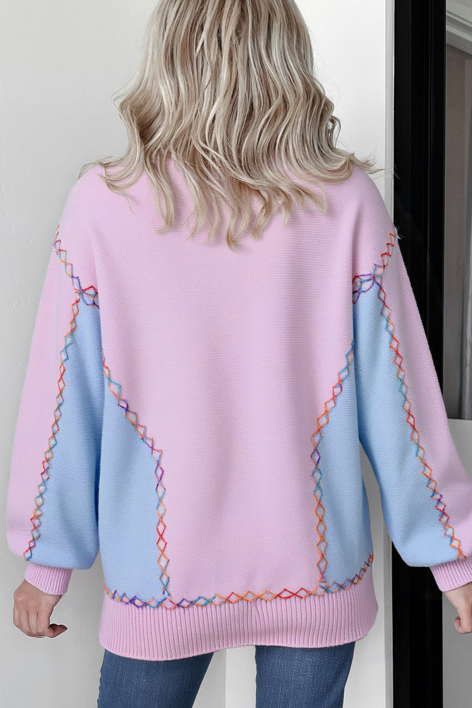 White Rainbow Stitching Balloon Sleeve Relaxed Sweater - loveforevers