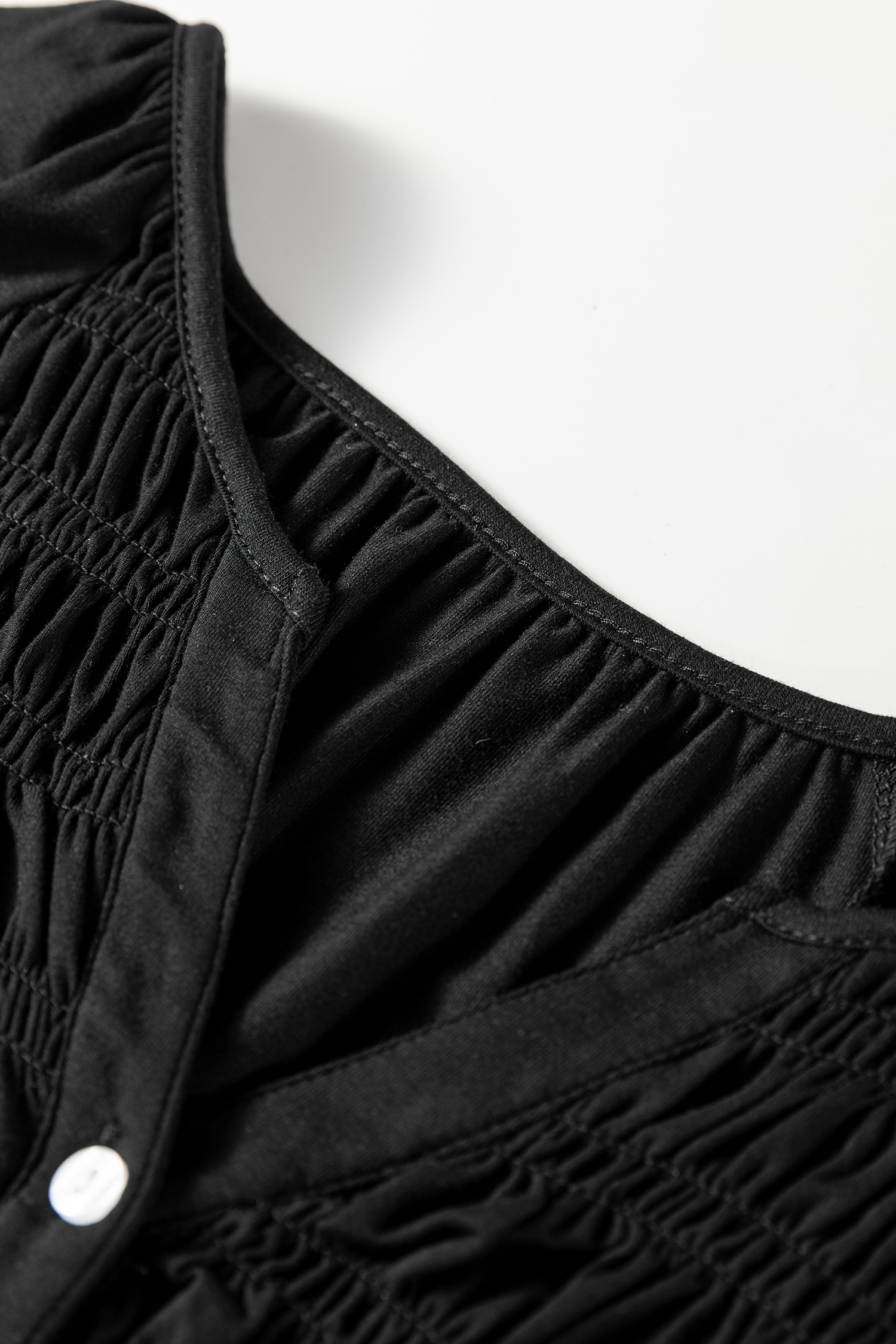 Black Smocked Bust Buttoned Split V Neck Flow Fit Blouse - loveforevers
