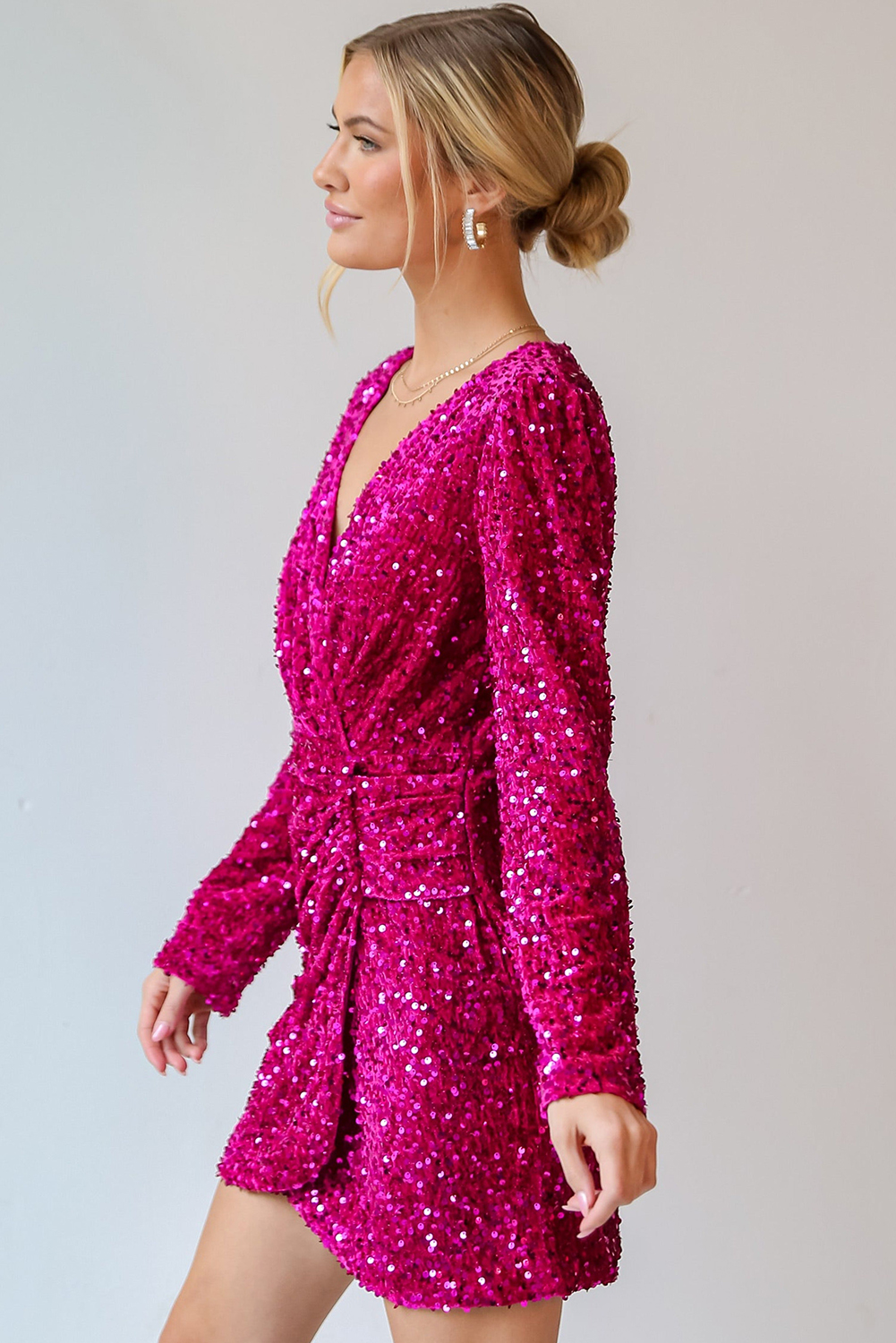 Pitaya Pink Velvet Sequin Long Sleeve V Neck Wrapped Mini Dress - loveforevers