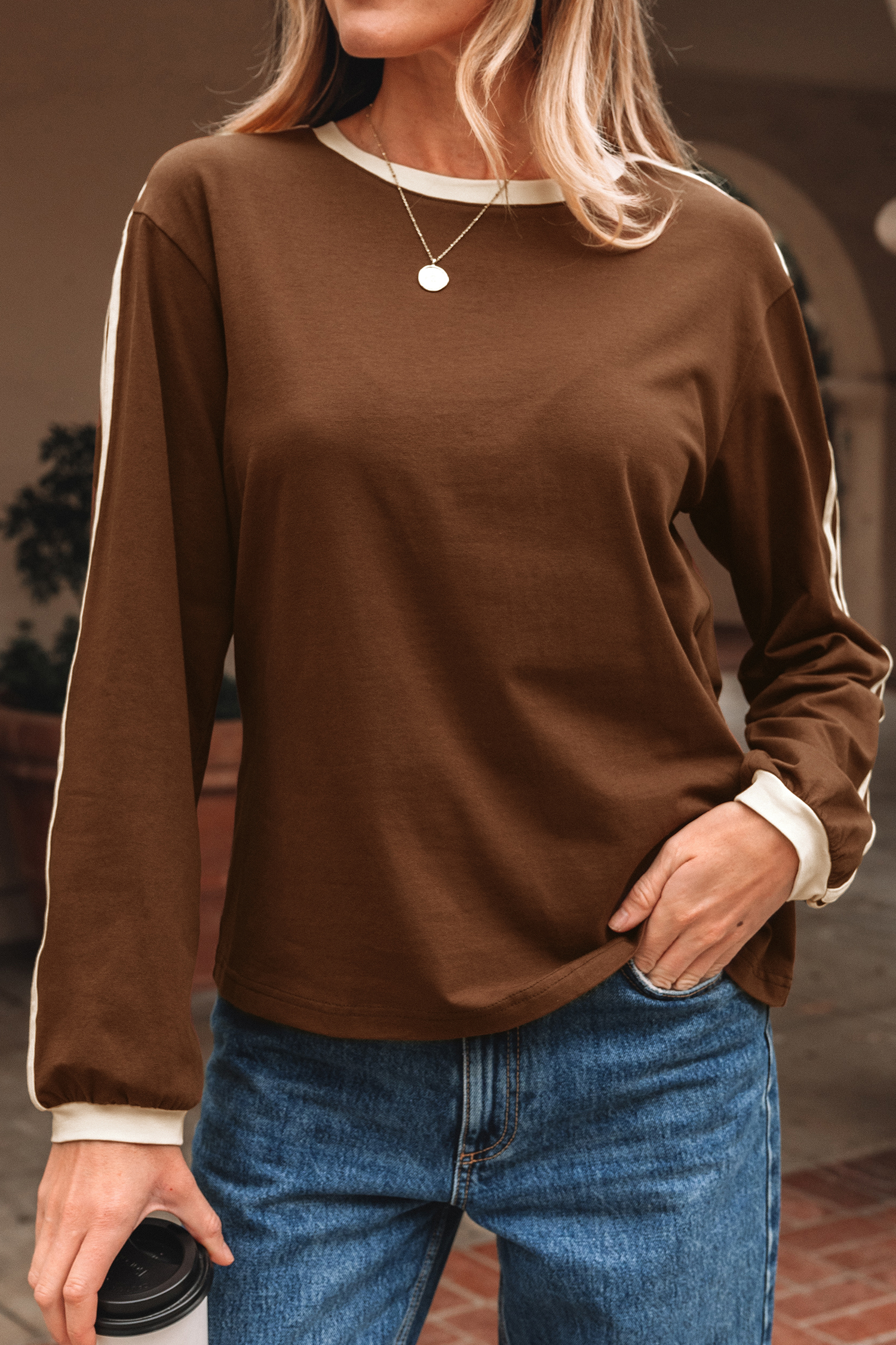 Dark Brown Varsity Striped Accent Contrast Crew Neck Long Sleeve T Shirt - loveforevers