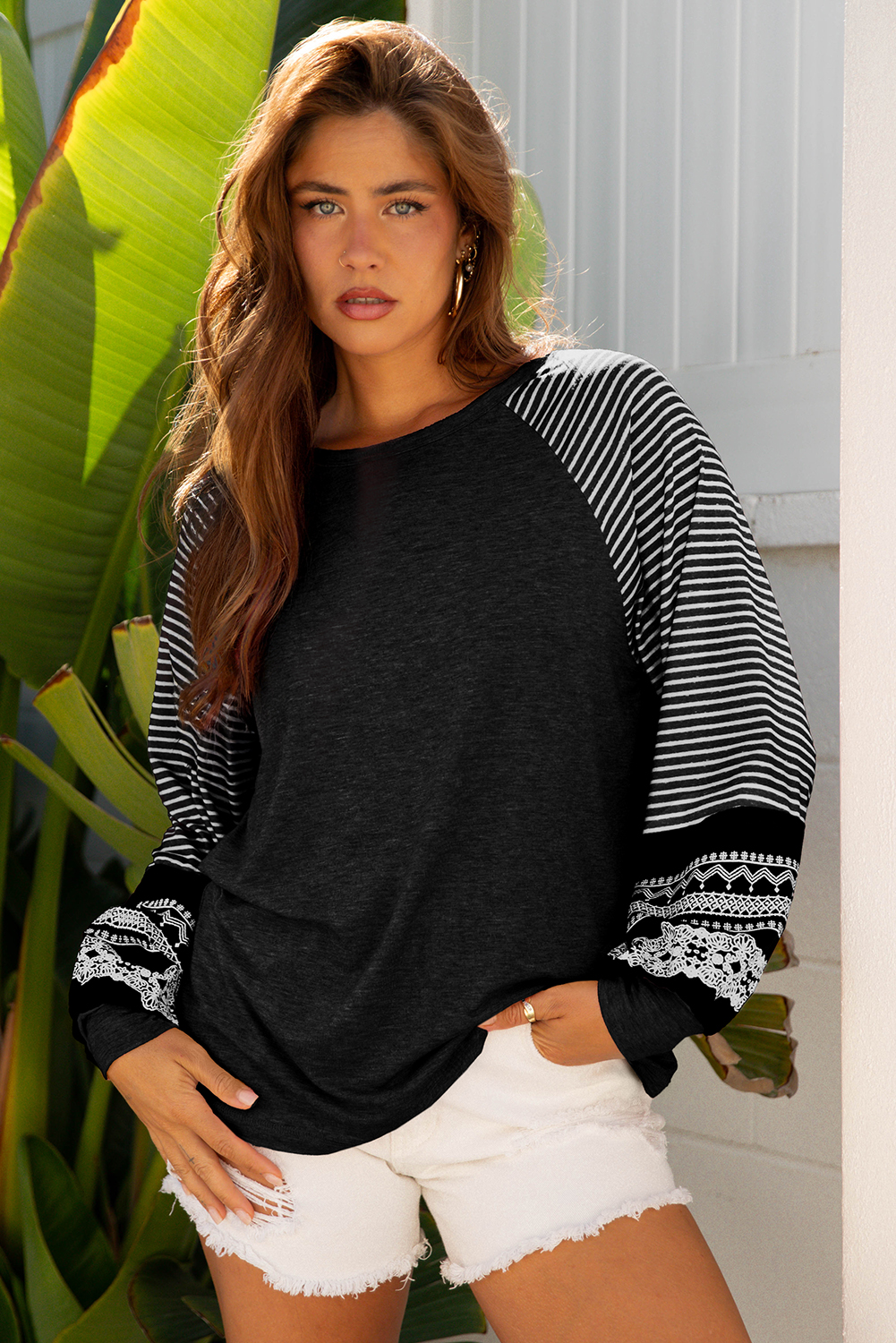 Tillandsia Purple Contrast Print Striped Raglan Long Sleeve Loose Top - loveforevers