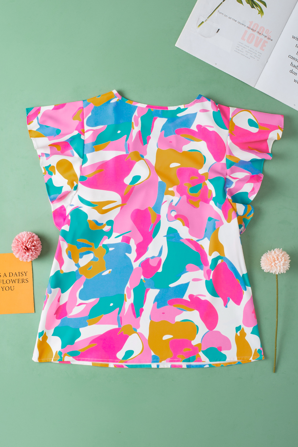 Multicolour Abstract Print Notched Neck Flutter Sleeve Blouse - loveforevers