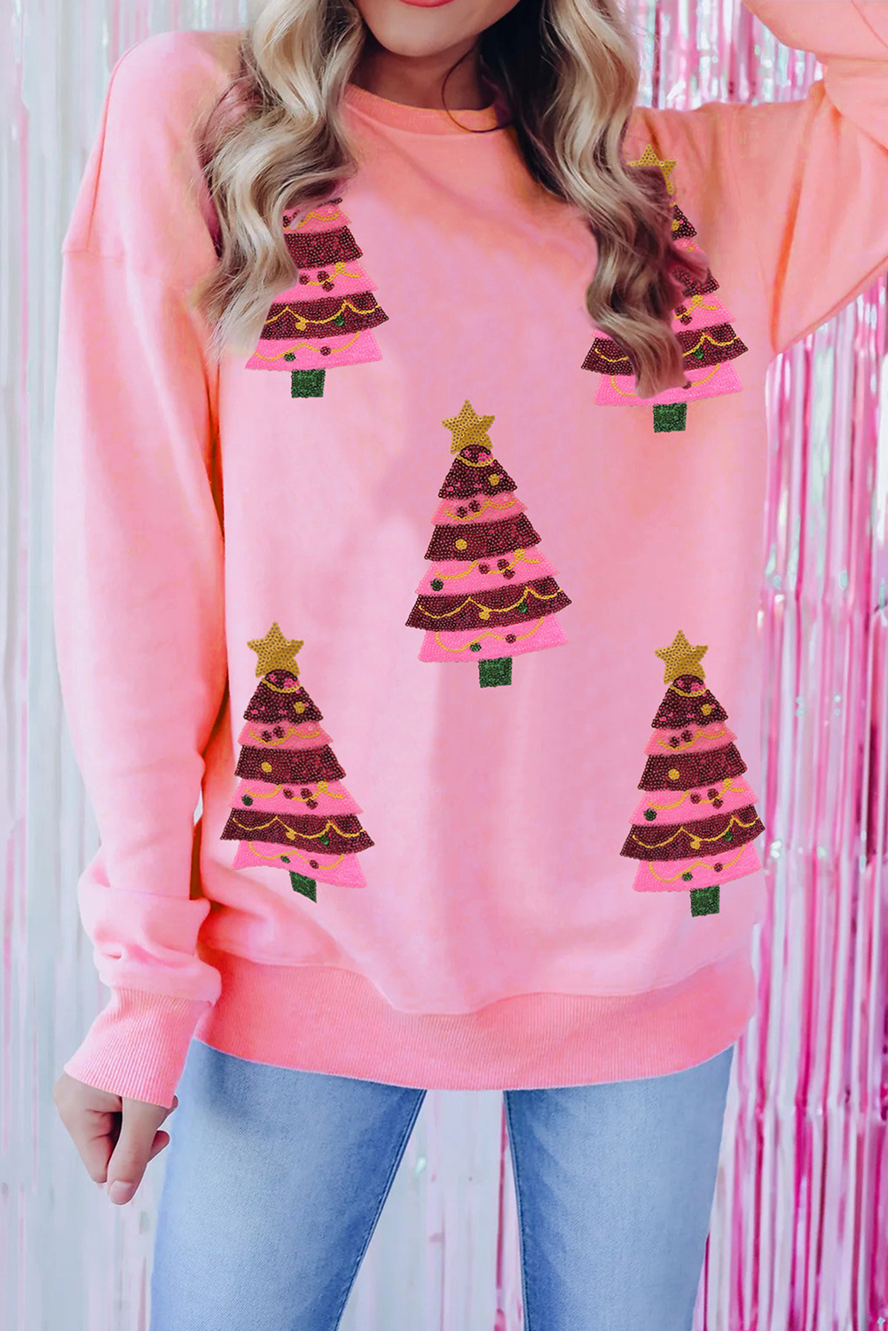 Pink Sequin Christmas Tree Graphic Drop Shoulder Sweatshirt - loveforevers