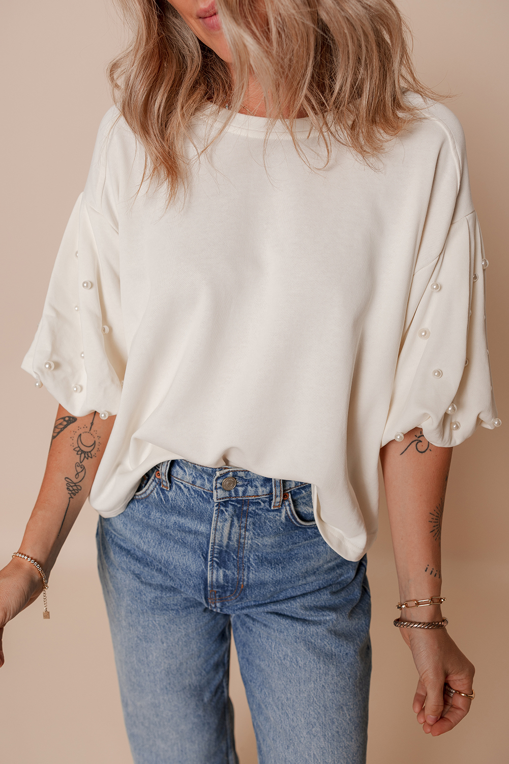 White Pearled Puff Sleeve Round Neck Loose Top - loveforevers