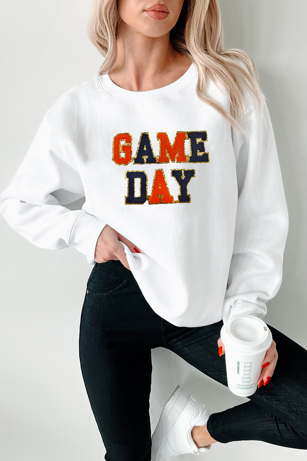 White GAME DAY Chenille Letter Graphic Sweatshirt - loveforevers