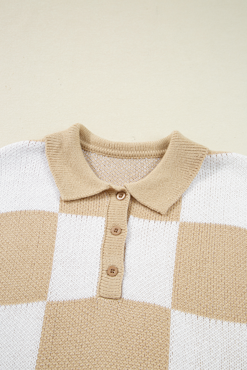 Mist Green Checkered Pattern Polo Collar Loose Sweater - loveforevers