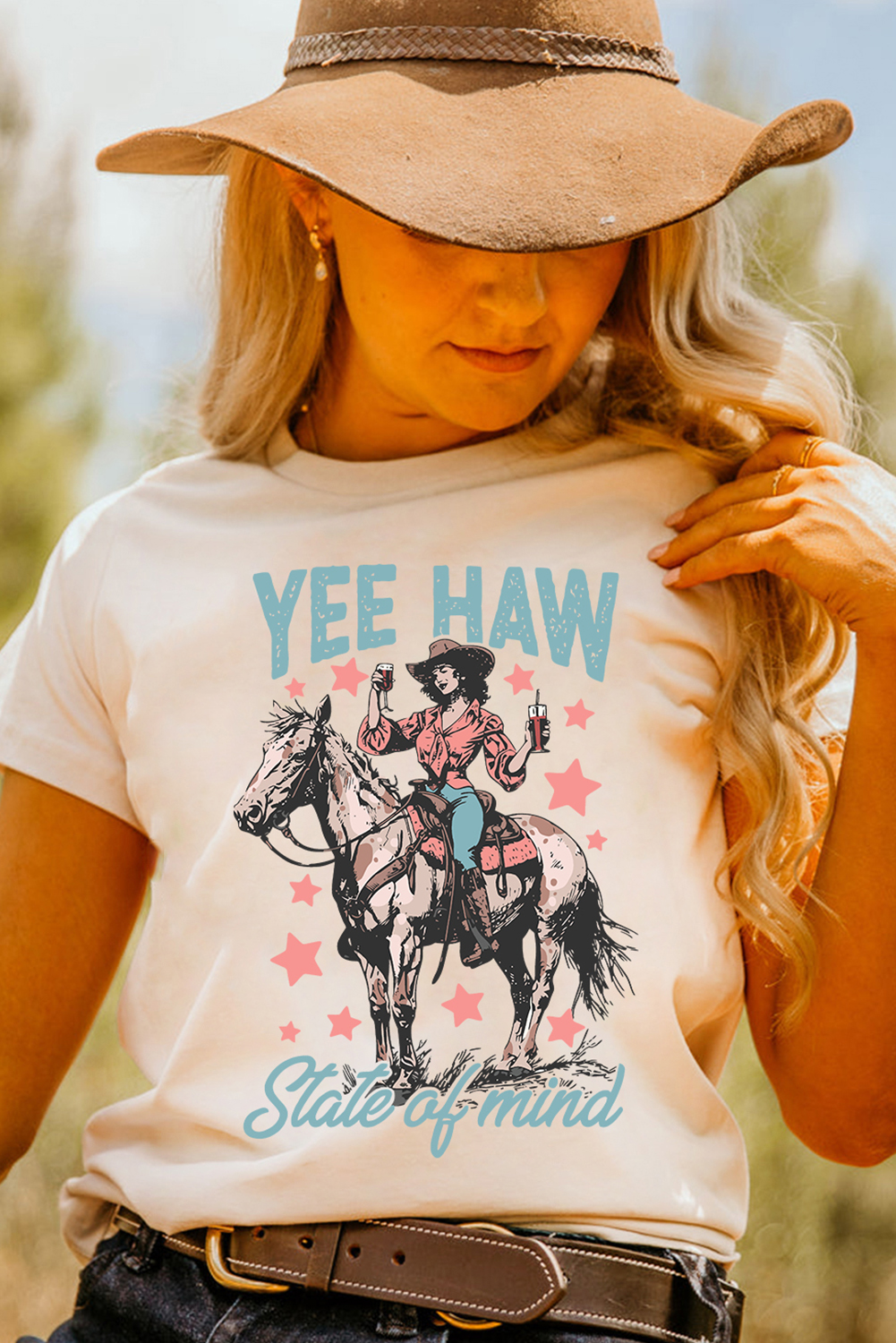 White YEE HAW State of  mind Cowgirl Graphic Western Fashion Tee - loveforevers