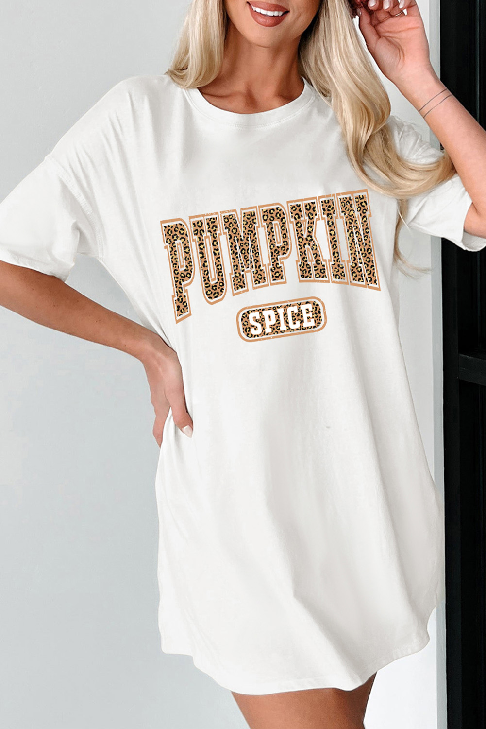 White PUMPKIN SPICE Leopard Graphic Tunic T Shirt - loveforevers