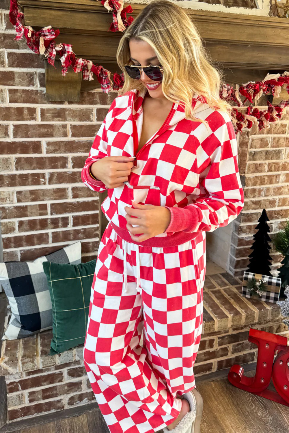 Red Checkered Print Half Zip Hoodie Loose Pant Set - loveforevers