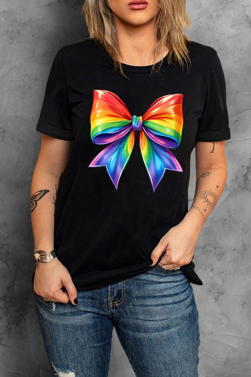 Black Pride Bow Graphic Round Neck T Shirt - loveforevers