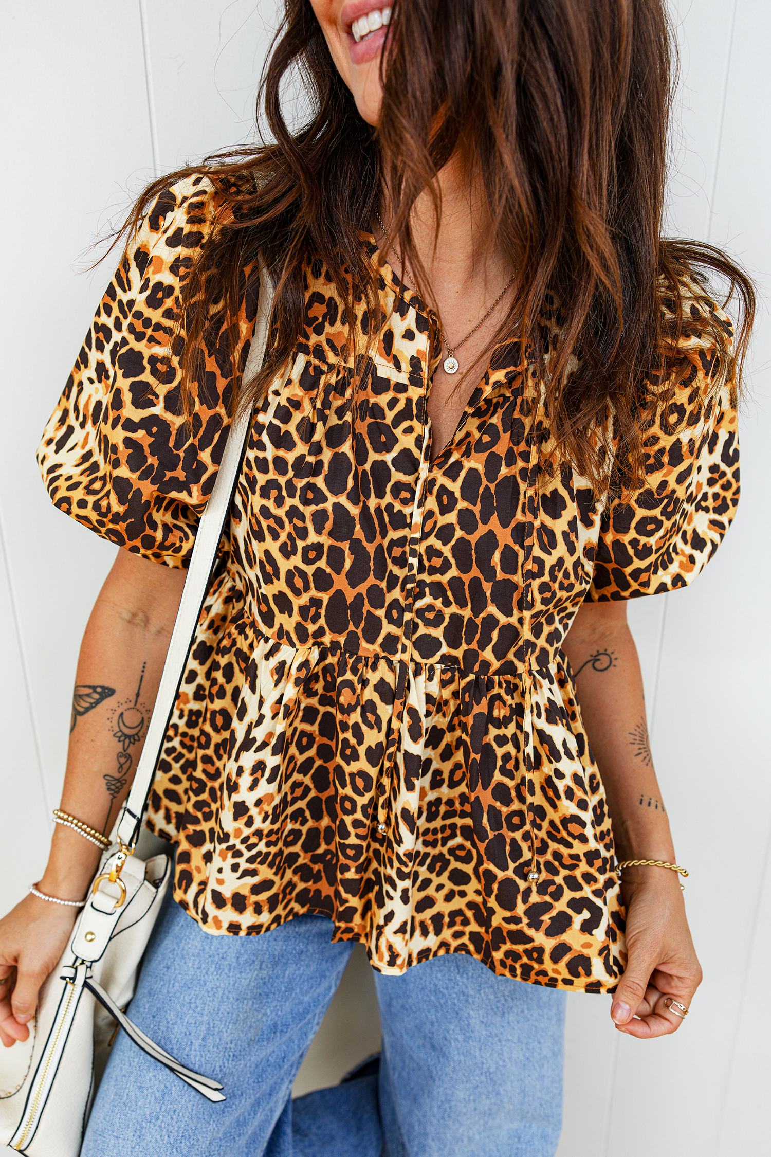 Leopard Print Short Puff Sleeve Slit Neck Babydoll Blouse - loveforevers
