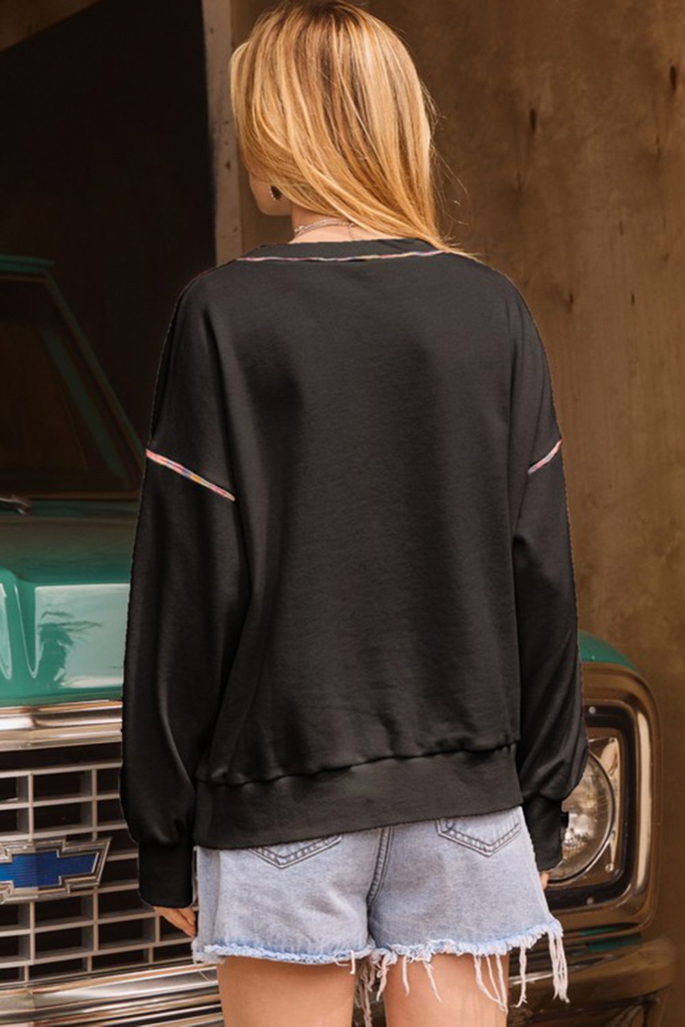 Black Contrast Rainbow Trim Drop Shoulder Pullover Sweatshirt - loveforevers