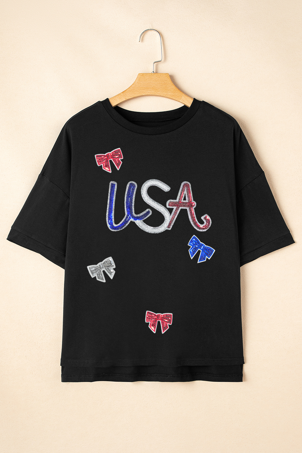 Black Sequin USA Bow Graphic Independence Day T Shirt - loveforevers