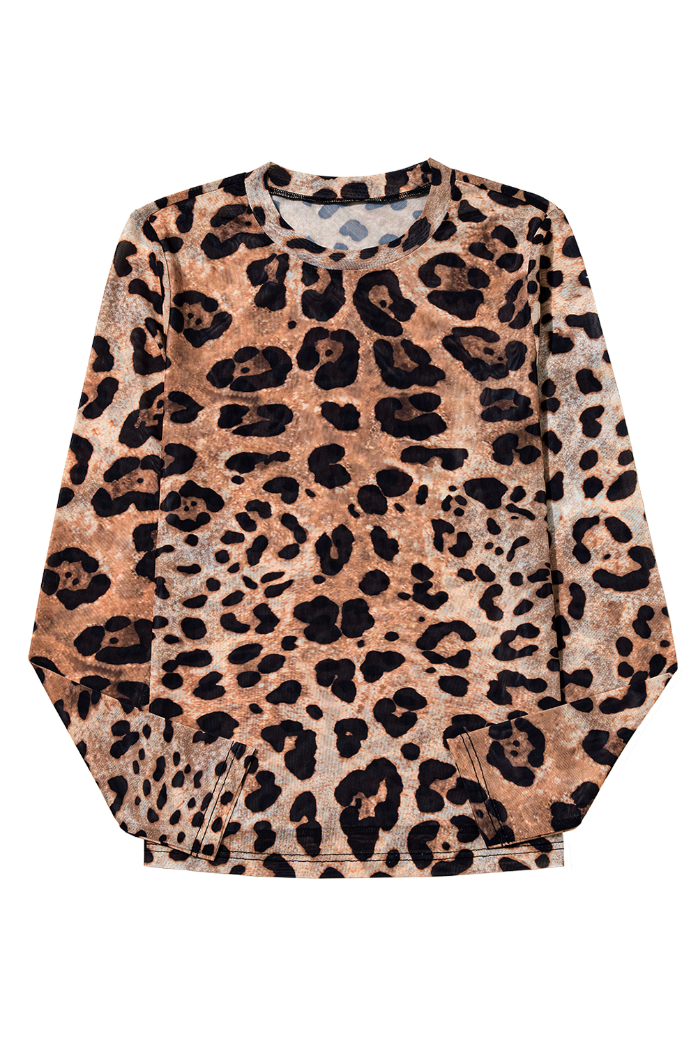 Brown Leopard Round Neck Long Sleeve Slim Top - loveforevers