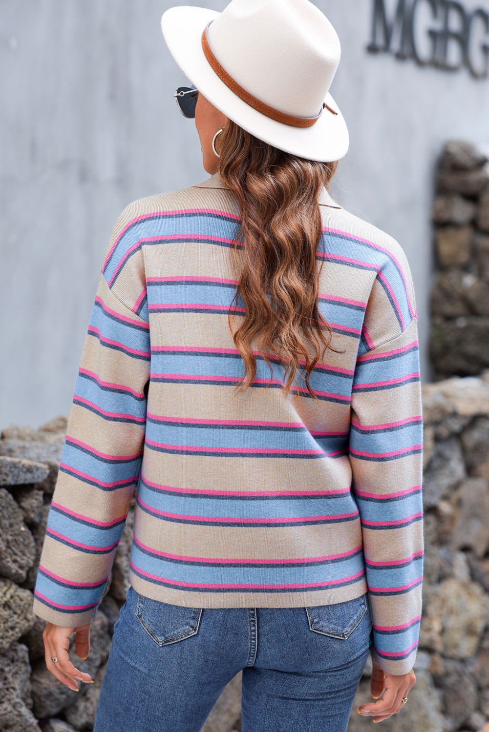 Apricot Stripe Collared V Neck Drop Shoulder Loose Sweater - loveforevers