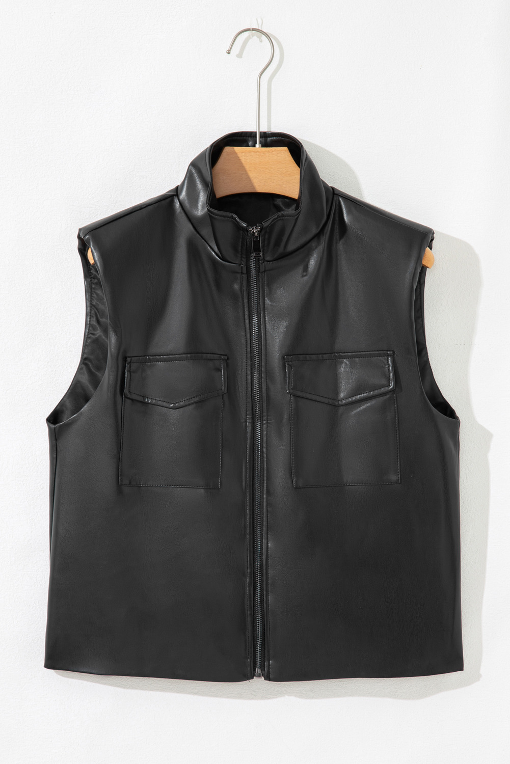 Black Double Flap Pocket Faux Leather Zip Up Stand Neck Vest - loveforevers