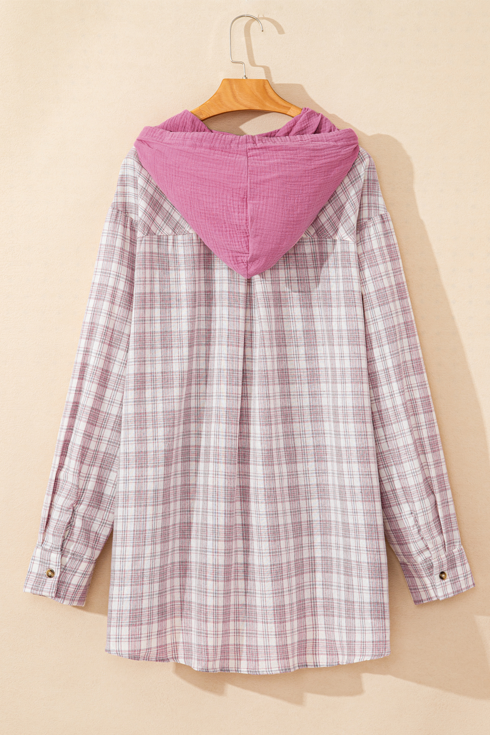 Khaki Checkered Print Loose Fit Buttoned Hooded Shacket - loveforevers