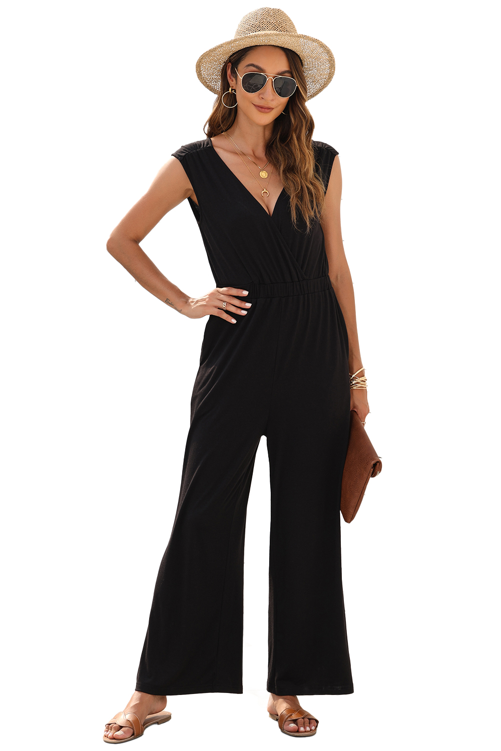 Black Deep V Pleated Crisscross Wide Leg Backless Jumpsuit - loveforevers