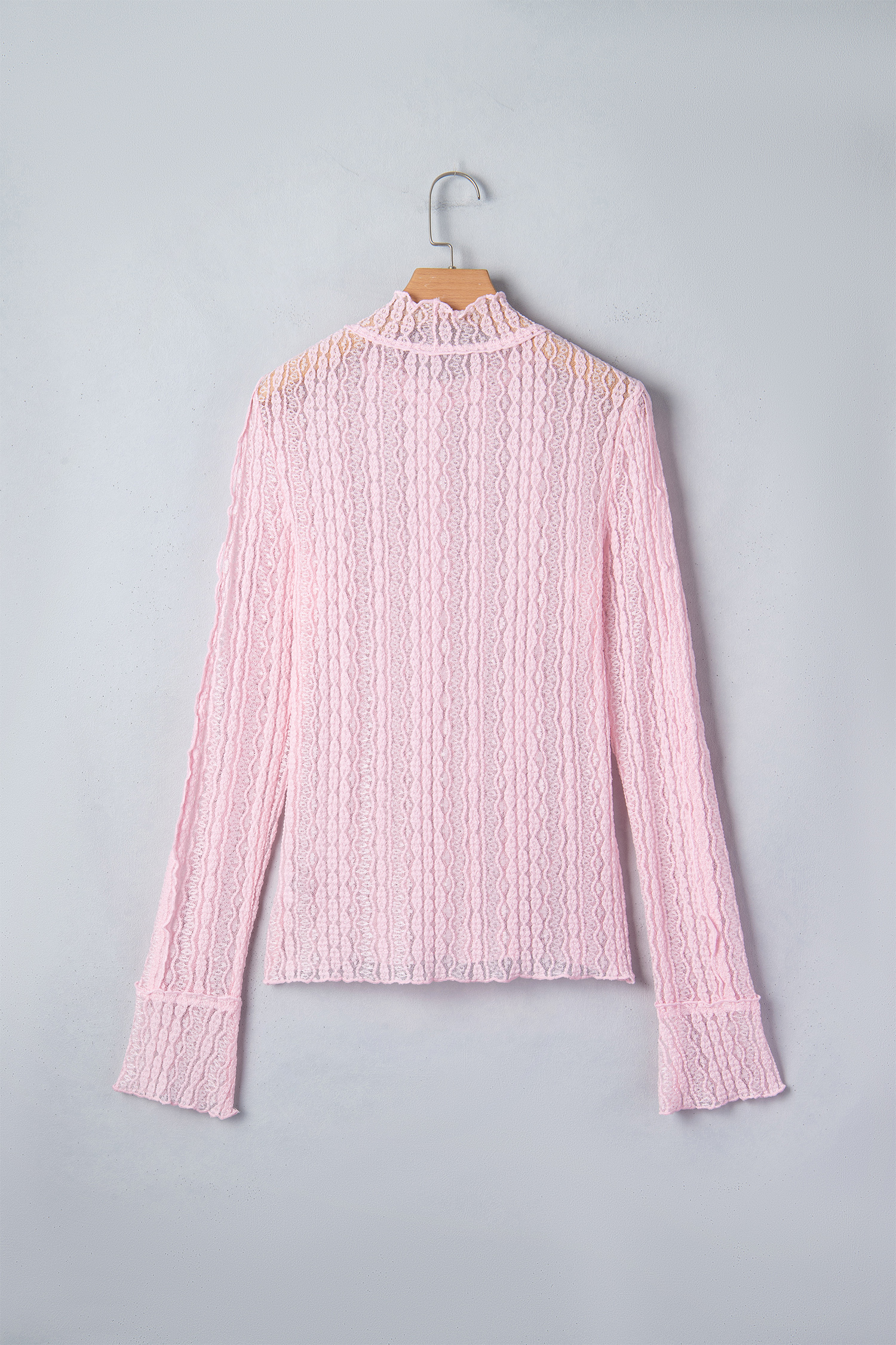 Apricot Flounced Long Sleeve Mock Neck Sheer Lace Top - loveforevers