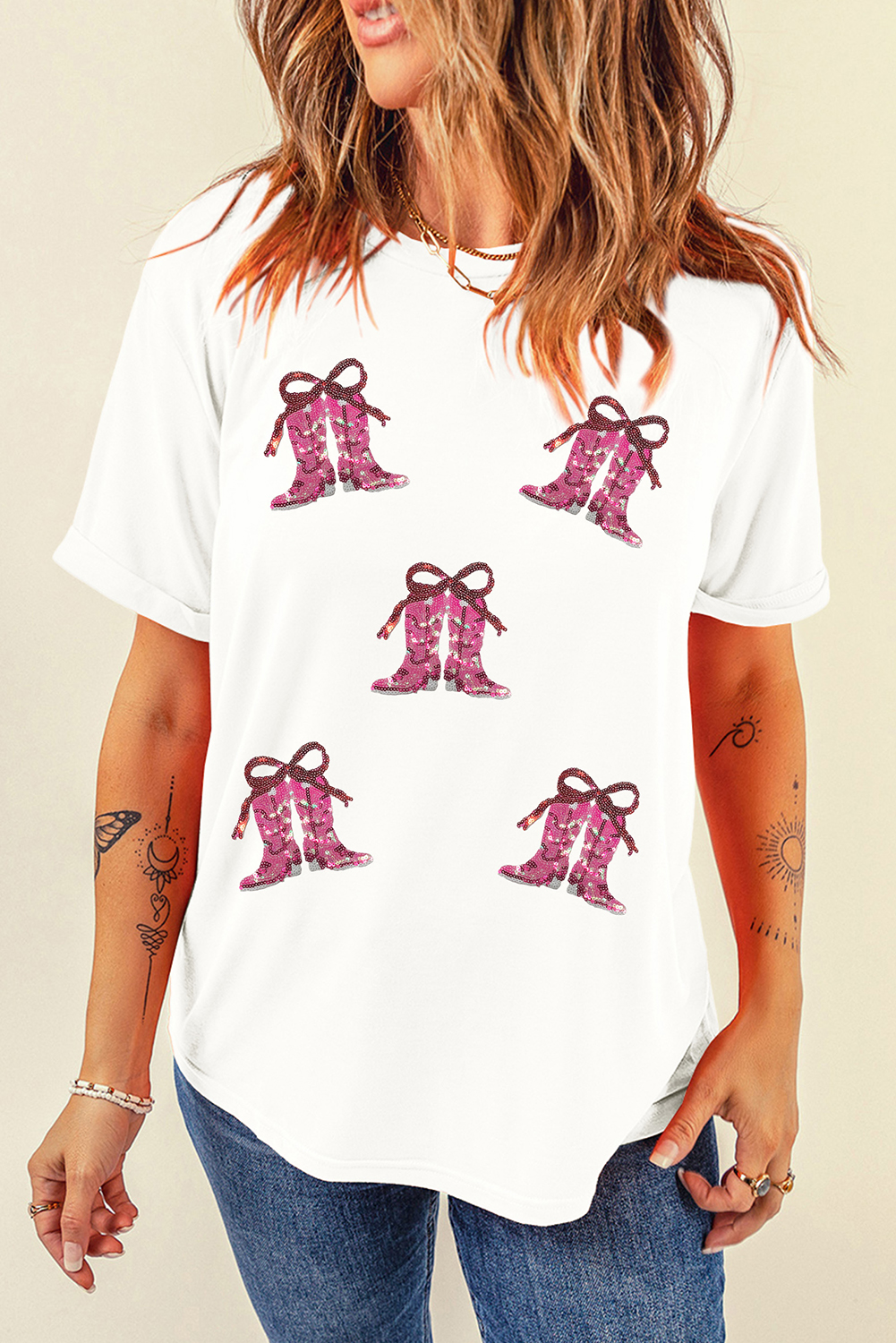 White Sequined Cowgirl Boots Patched Custom Print T Shirt - loveforevers