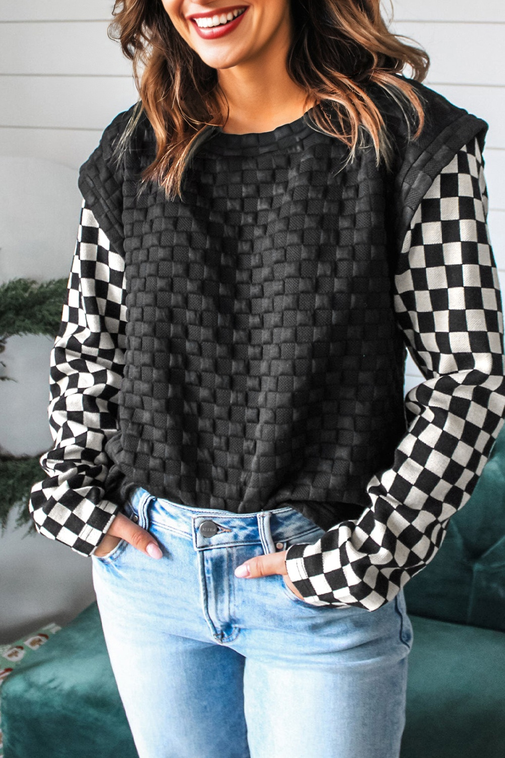 Black Plaid Textured Contrast Checkered Patchwork Long Sleeve Top - loveforevers